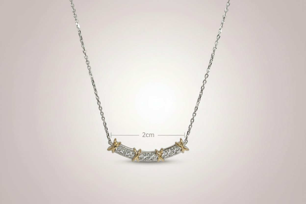 925 Sterling Silver Two-Tone Curved Bar Necklace with Gold X Cross