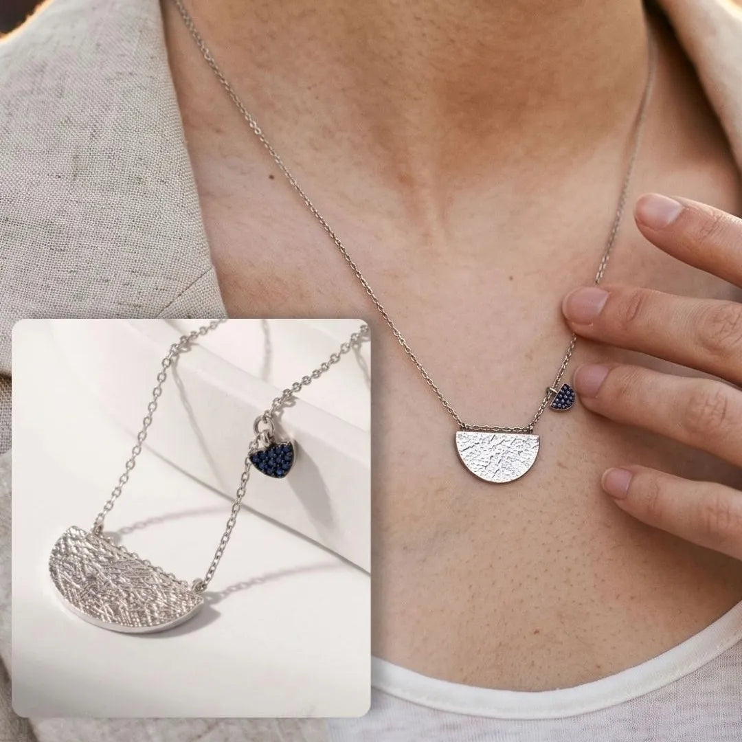 925 Sterling Silver Hammered Half-Moon Necklace with Blue CZ Heart Charm