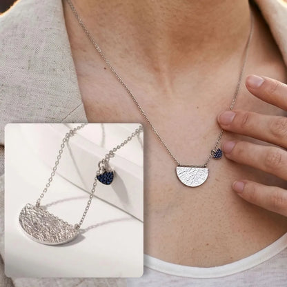 925 Sterling Silver Hammered Half-Moon Necklace with Blue CZ Heart Charm