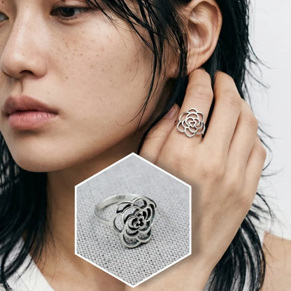 925 Sterling Silver Bold Rose Ring | Handcrafted Chunky Camellia Openwork Band