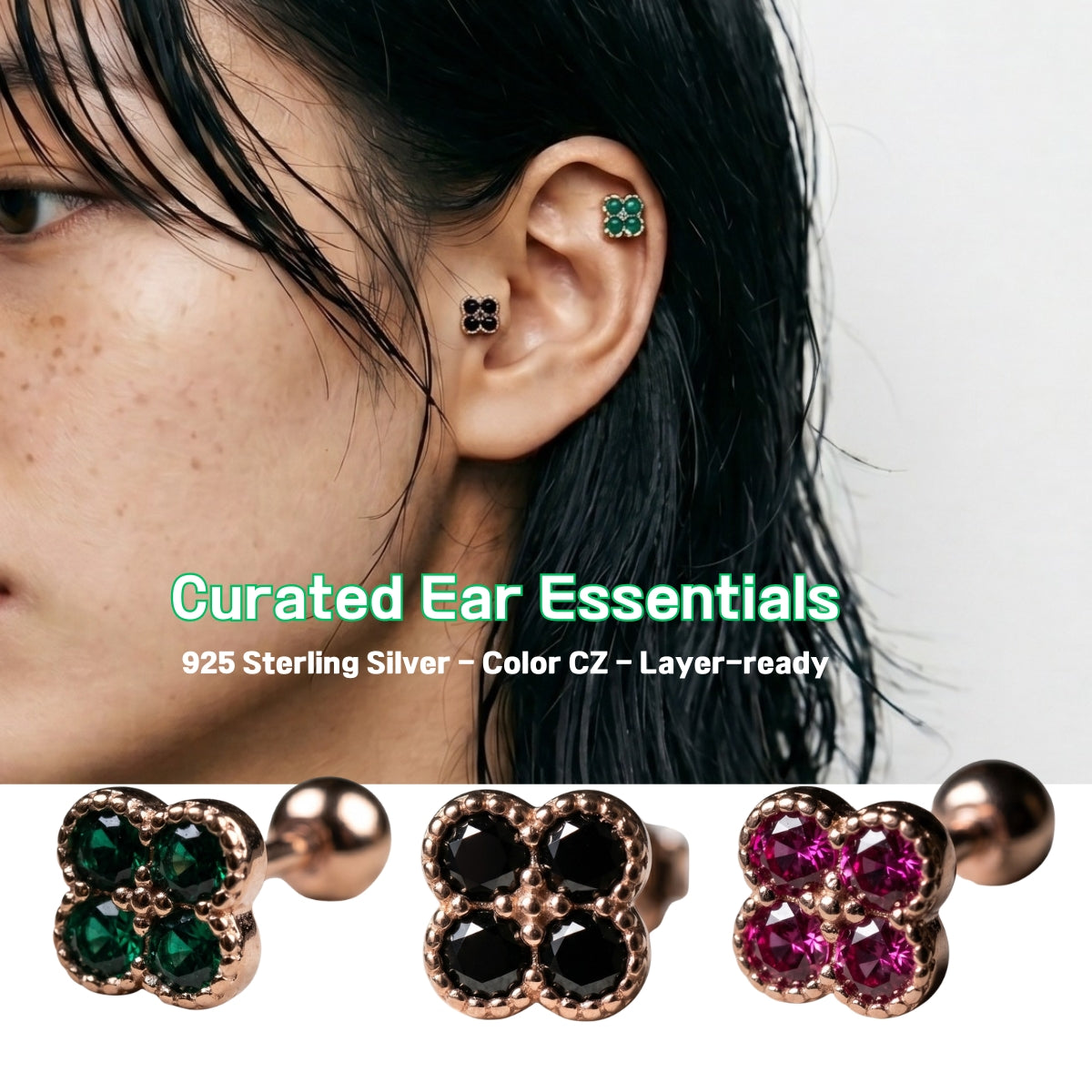 925 Silver CZ Clover Piercing Stud | Single | Rose Gold Plated