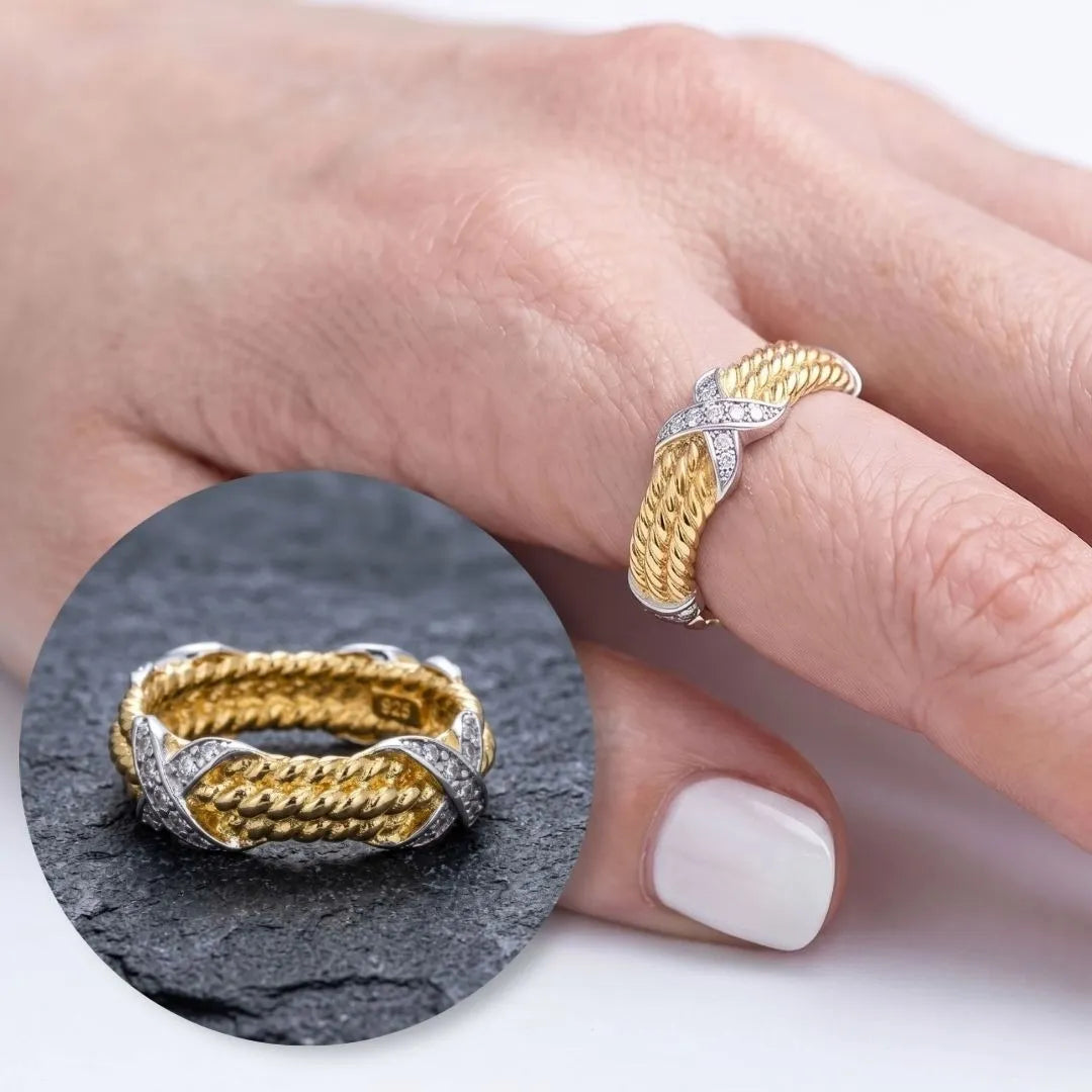 925 Sterling Silver Two-Tone Twisted Rope Band Ring with CZ X-Cross