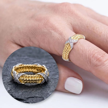 925 Sterling Silver Two-Tone Twisted Rope Band Ring with CZ X-Cross