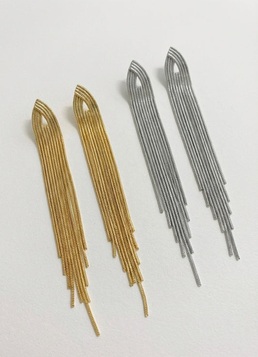 Gold and silver 10cm long chain tassel earrings side by side comparison on white background