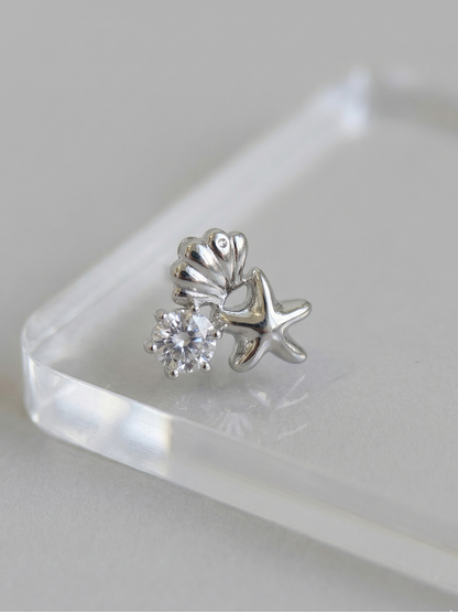 Mermaidcore Shell & Starfish Cubic Zirconia Stud Earrings | Hypoallergenic Titanium Post | Gold & Silver