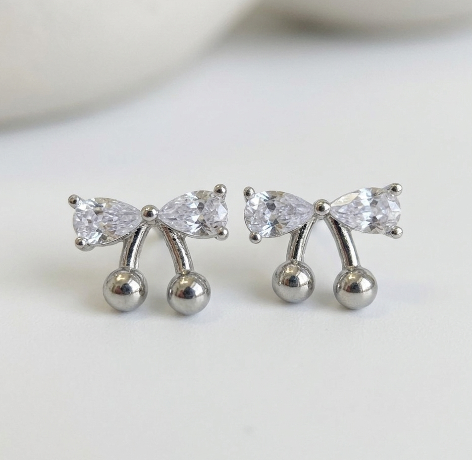 CZ Bow Cherry Stud Earrings – Sparkling Cubic Zirconia Ribbon with Ball Drop, Hypoallergenic, Gold & Silver