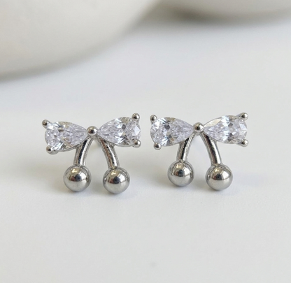 CZ Bow Cherry Stud Earrings – Sparkling Cubic Zirconia Ribbon with Ball Drop, Hypoallergenic, Gold & Silver