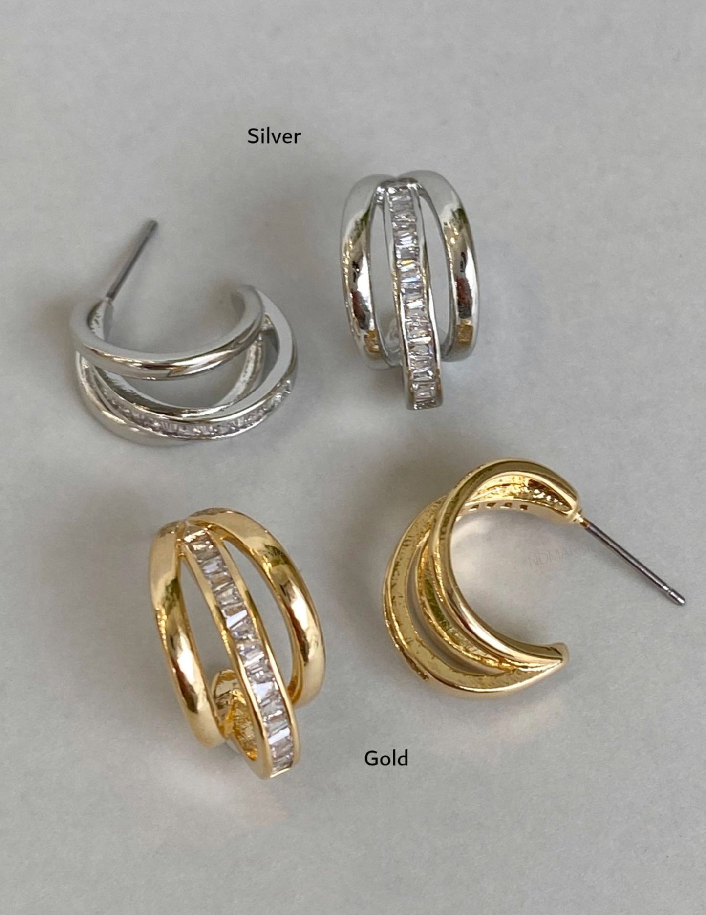 Triple Row Baguette CZ Huggie Hoop Earrings | Gold & Silver