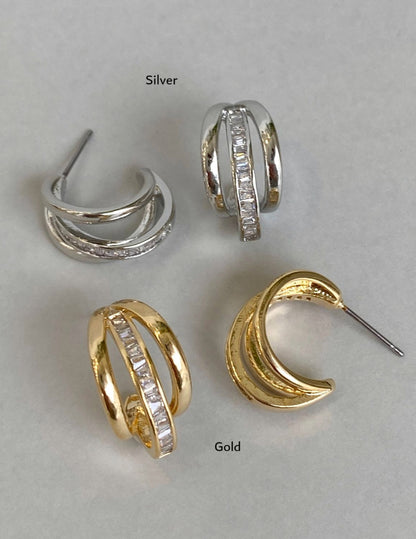 Triple Row Baguette CZ Huggie Hoop Earrings | Gold & Silver