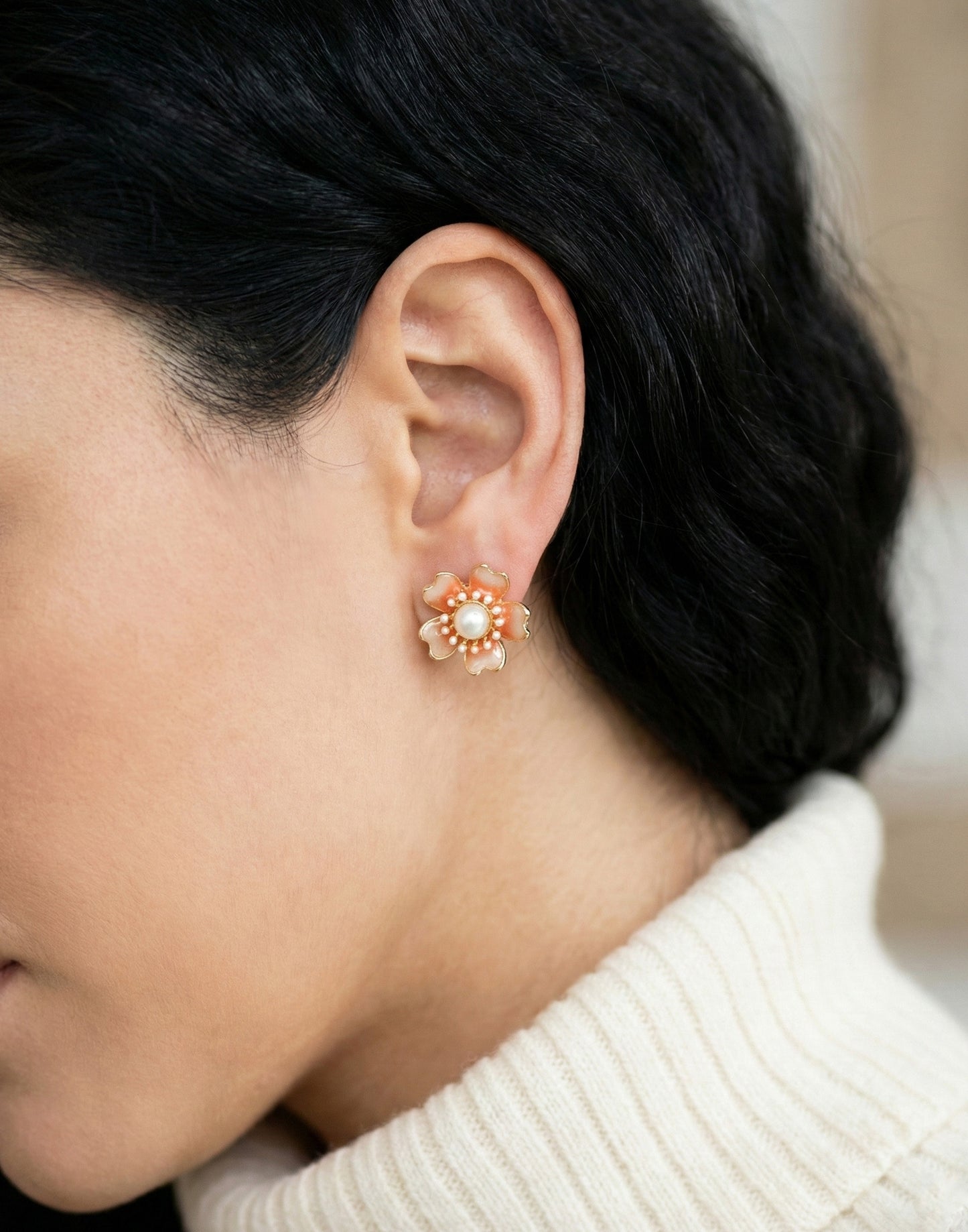 Korean Handmade Vintage Bloom Pearl Stud Earrings – Titanium