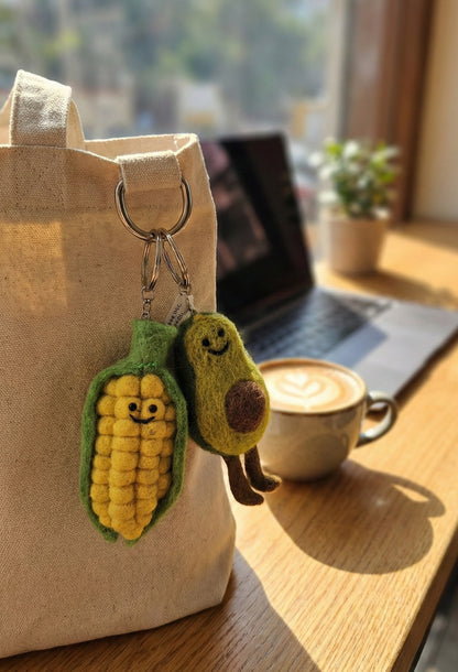 Handmade Nepal Wool Felt Veggie Keychain - Corn Avocado Scallion Broccoli