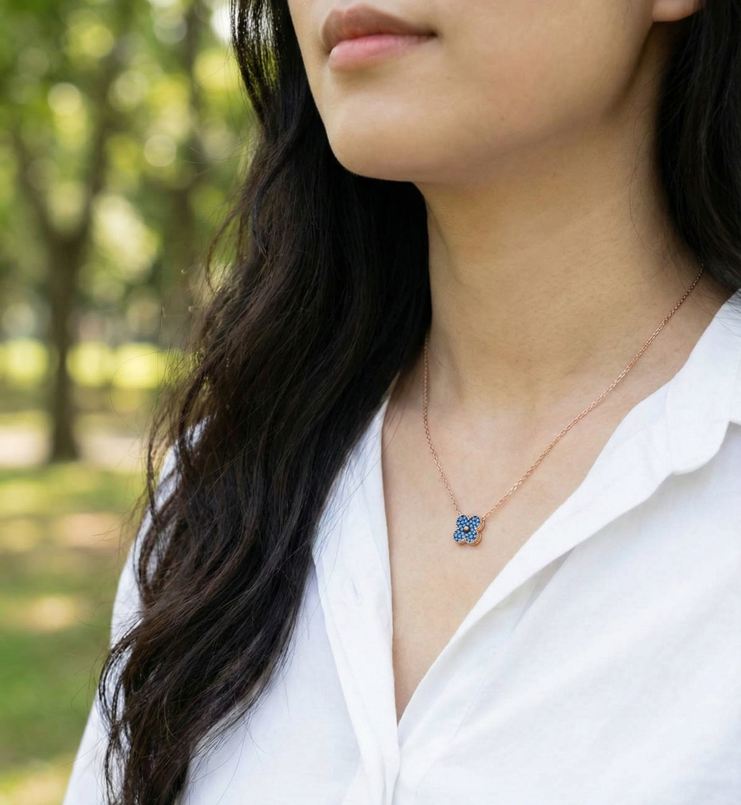 925 Sterling Silver Blue Clover Necklace Earrings Set - Rose Gold