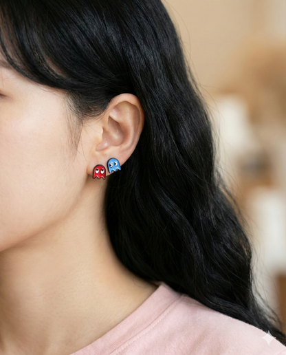 Pac-Man & Ghost Enamel Stud Earrings Set | Retro Arcade Y2K Kawaii Jewelry | Hypoallergenic Silver Post | Made in Korea