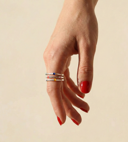 925 Sterling Silver Multicolor Enamel Stackable Open Ring — Adjustable Dainty Band