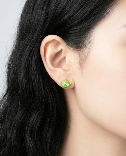 Toy Story Alien lime green stud earring on ear - kawaii Disney character jewelry set