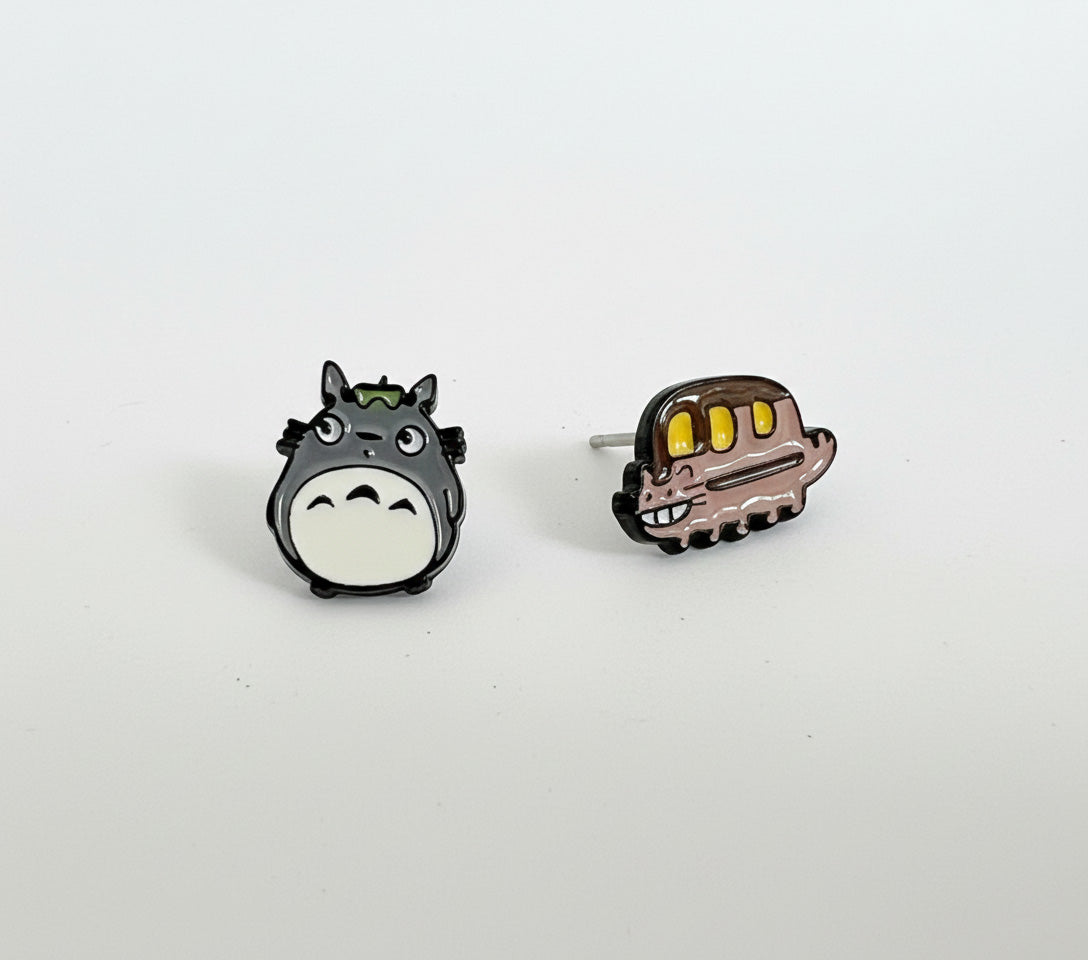 Totoro & Catbus Asymmetrical Stud Earrings | 925 Silver Post Ghibli Anime Jewelry