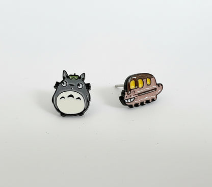 Totoro & Catbus Asymmetrical Stud Earrings | 925 Silver Post Ghibli Anime Jewelry