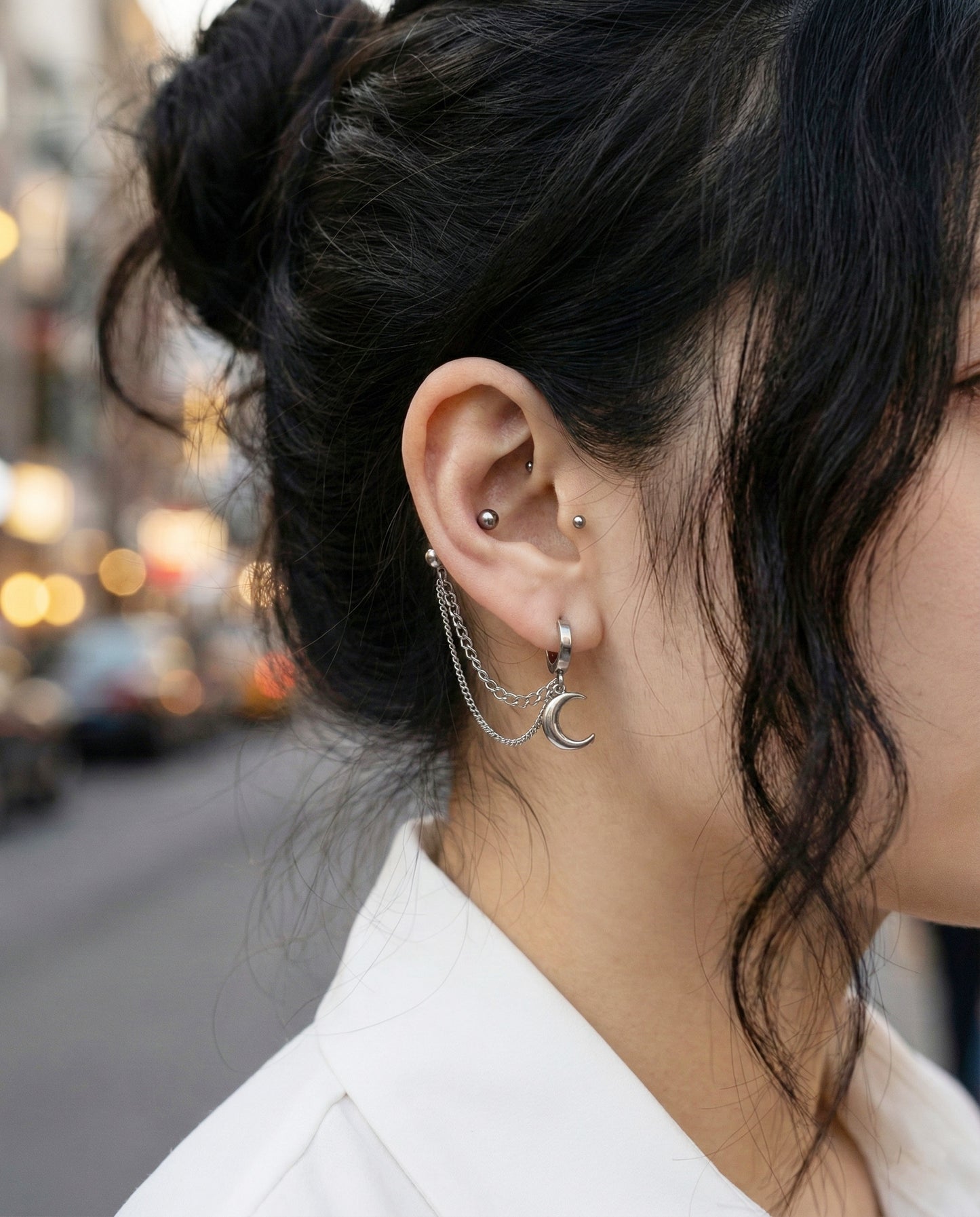 Surgical Steel Crescent Moon Double Chain Piercing Set