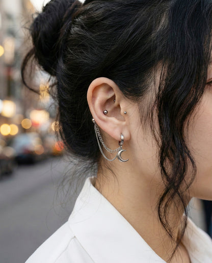 Surgical Steel Crescent Moon Double Chain Piercing Set