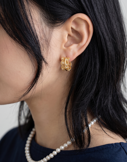 Vintage Filigree Chunky Hoop Earrings | CZ | Gold & Silver | Korean Jewelry