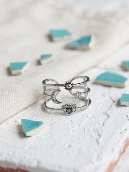 Bold Celestial Evil Eye Sun Moon Star Layered Brass Ring – Made in Korea