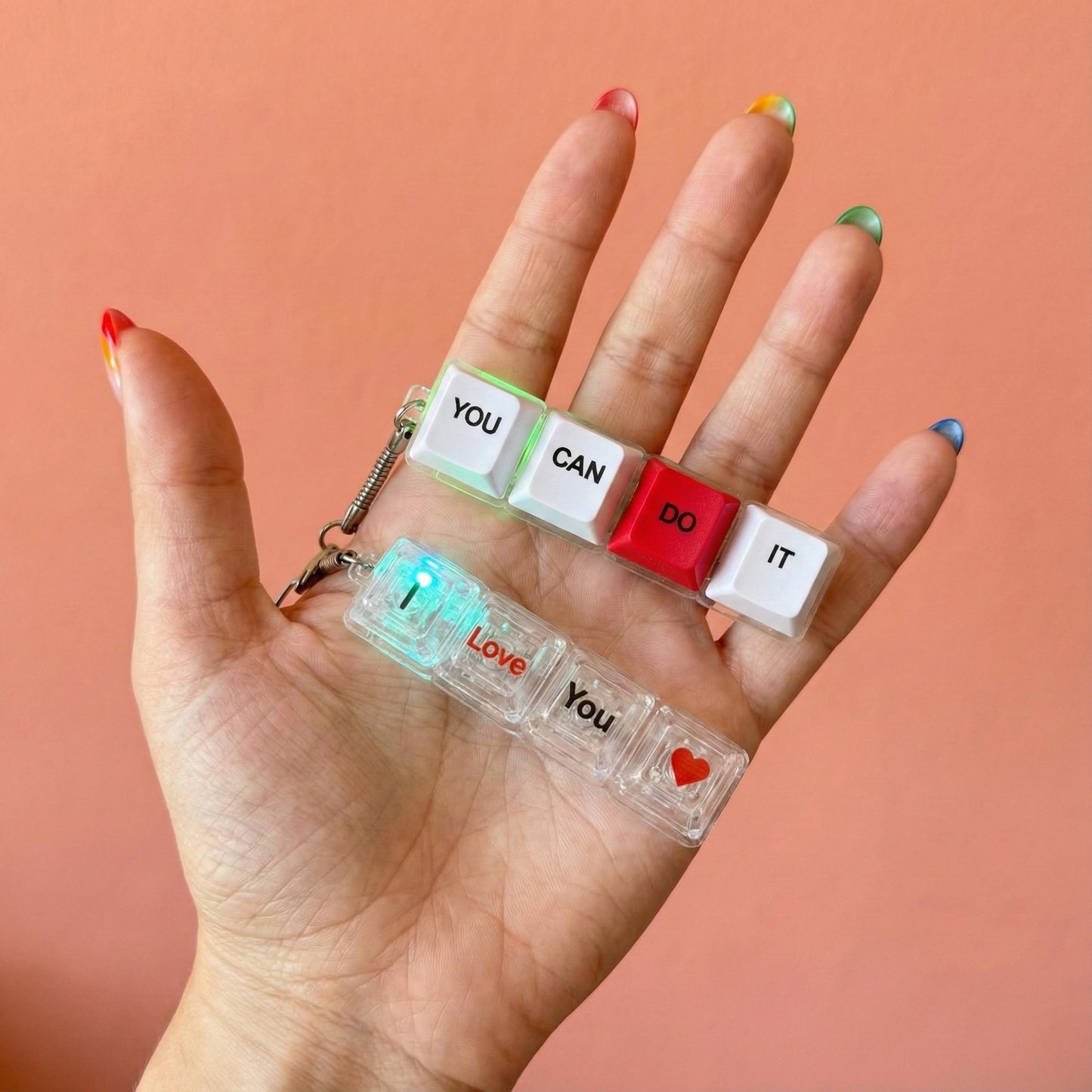Clicky Mechanical Keycap Keychain - LED Fidget Toy "You Can Do It" & "I Love You"
