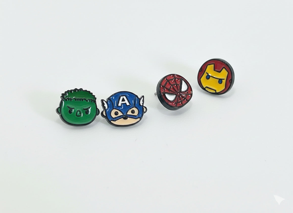 Four superhero-themed pins on a white background