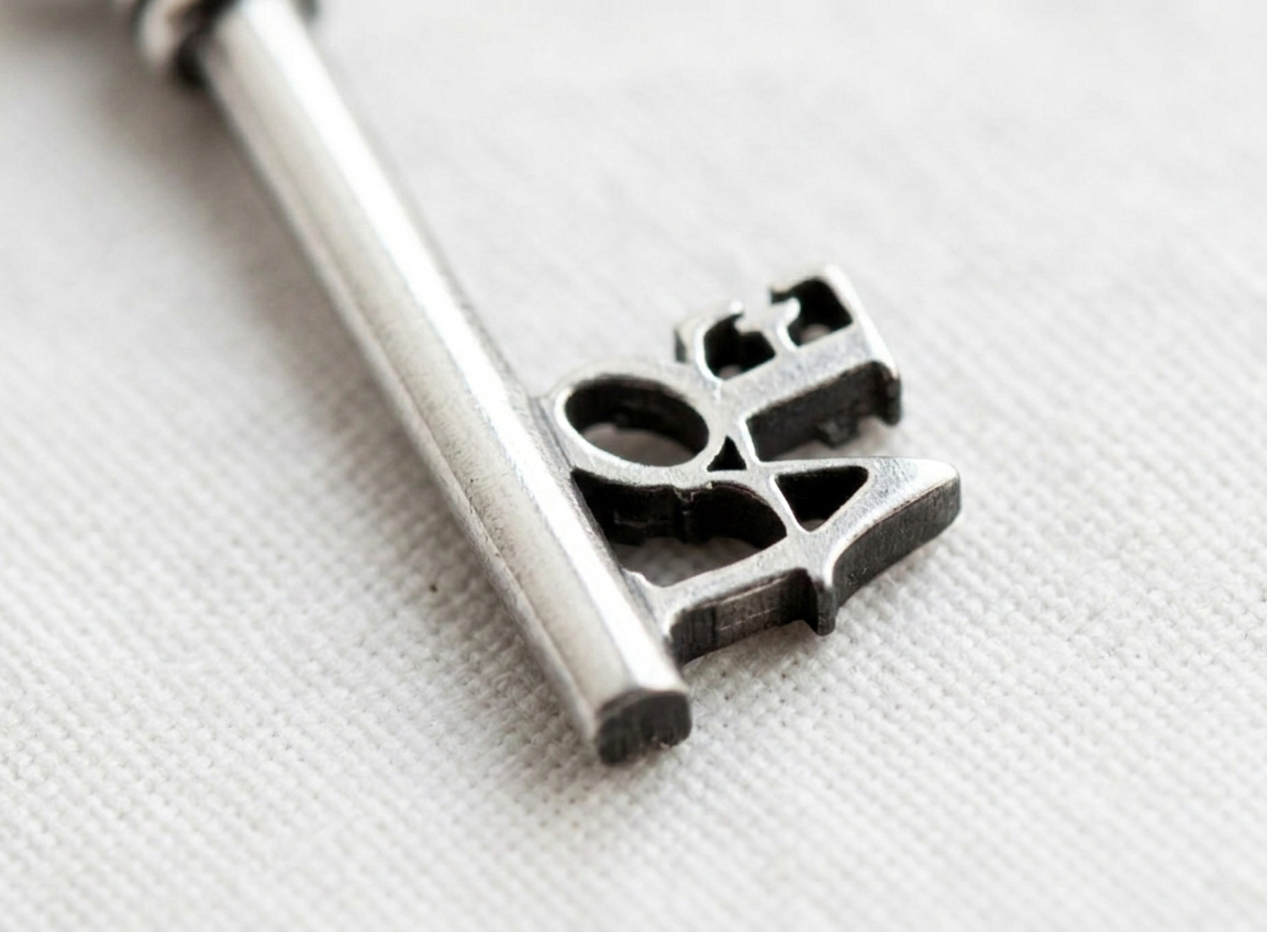 xtreme macro close-up of the 925 silver key tip with "LOVE" carved out in a vintage font.