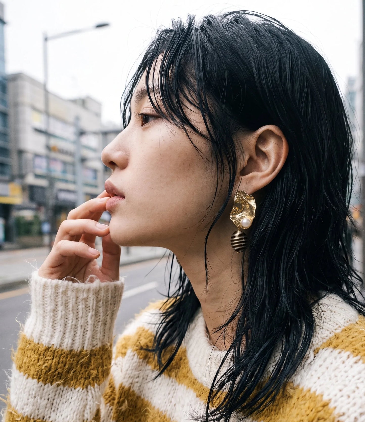 Gold Hammered Pearl Drop Earrings | K-Style Statement | Titanium Post