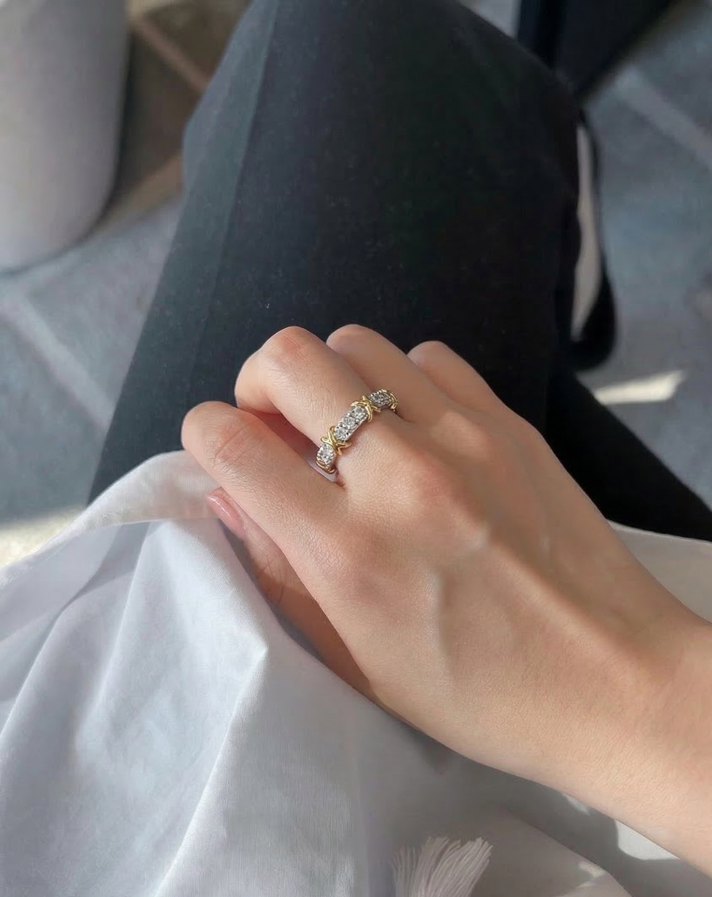 Two-Tone Sterling Silver Eternity Ring | CZ X-Cross Band Platinum Gold Plated