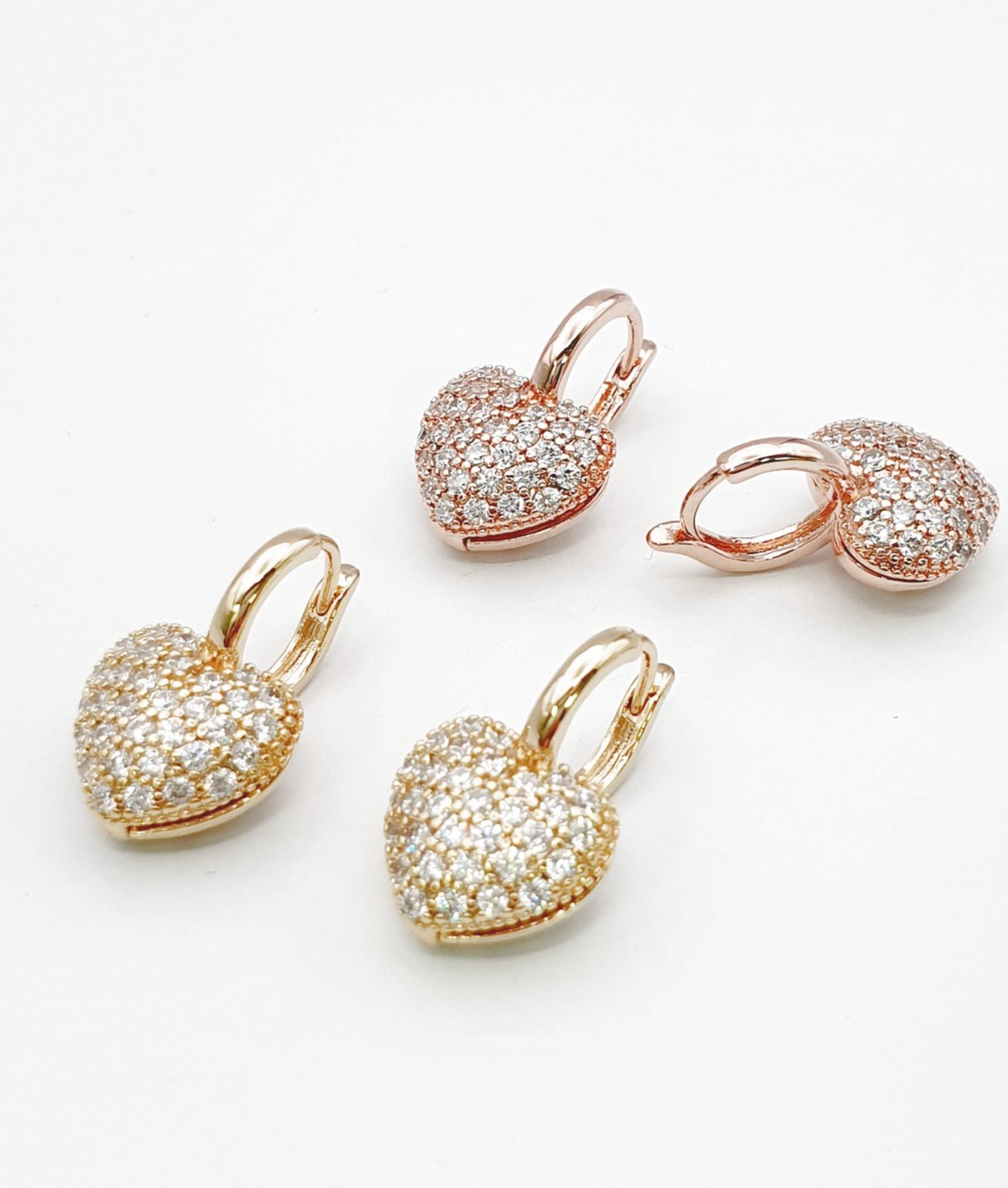 Pave Cubic Zirconia Puffy Heart Huggie Hoop Earrings Gold Silver Rose Gold