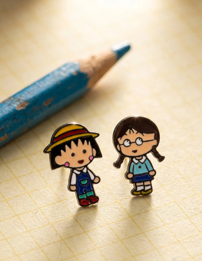 Maruko-chan Mismatch Stud Earrings – Enamel Anime Character