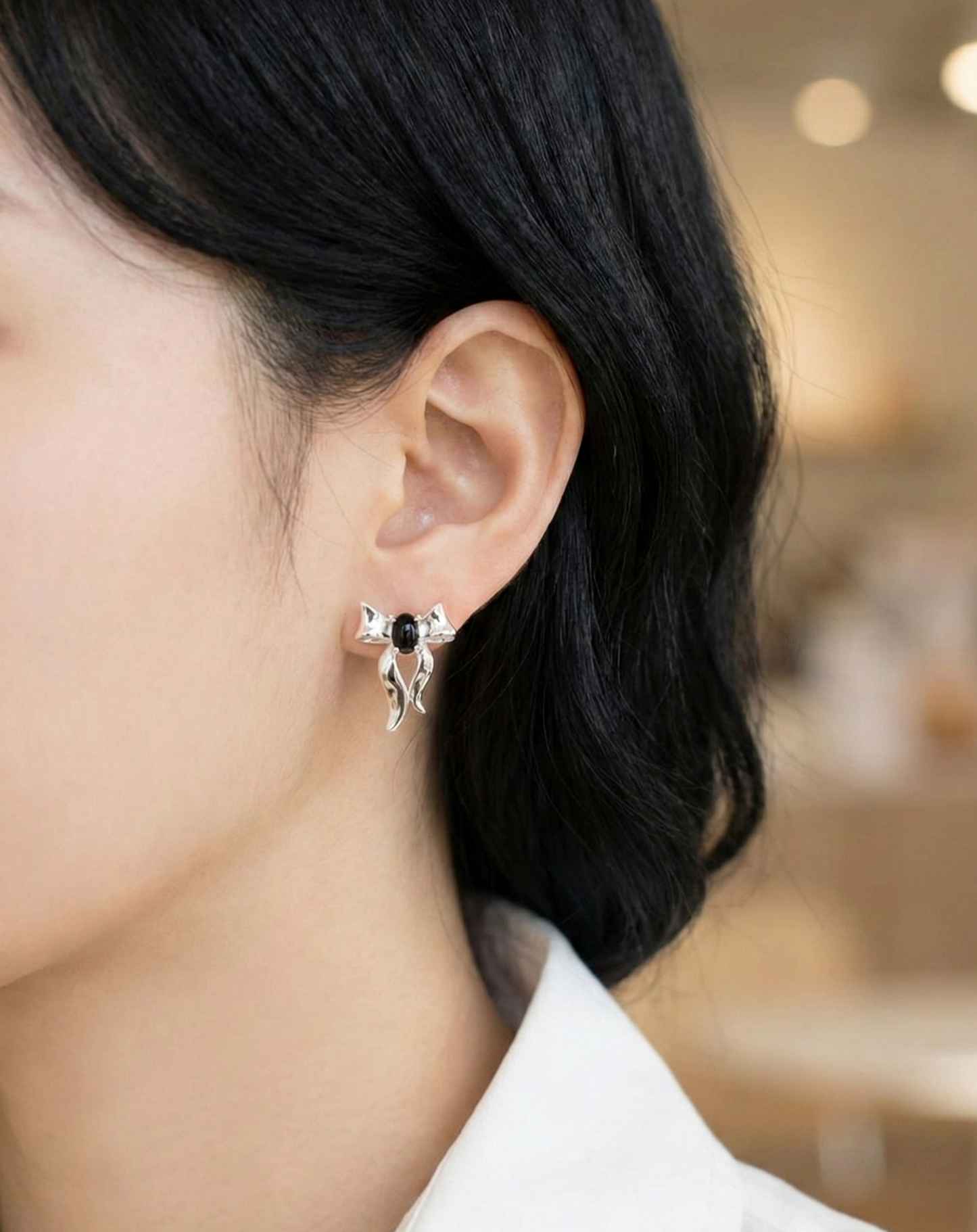 925 Sterling Silver Black Agate Bow Stud Earrings — Vintage Dark Coquette Jewelry