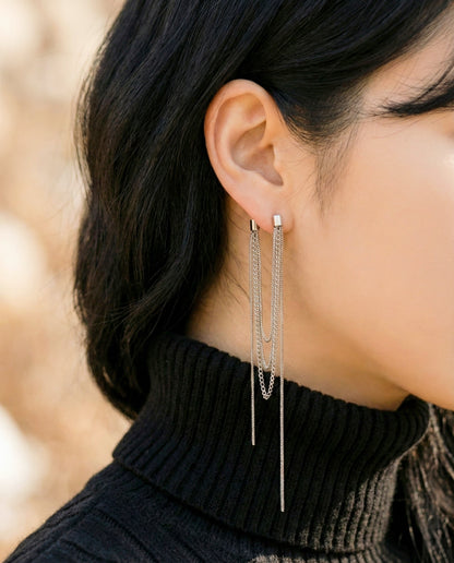 Layered Snake Chain Front Back Drop Earrings - Long Tassel Linear Earrings