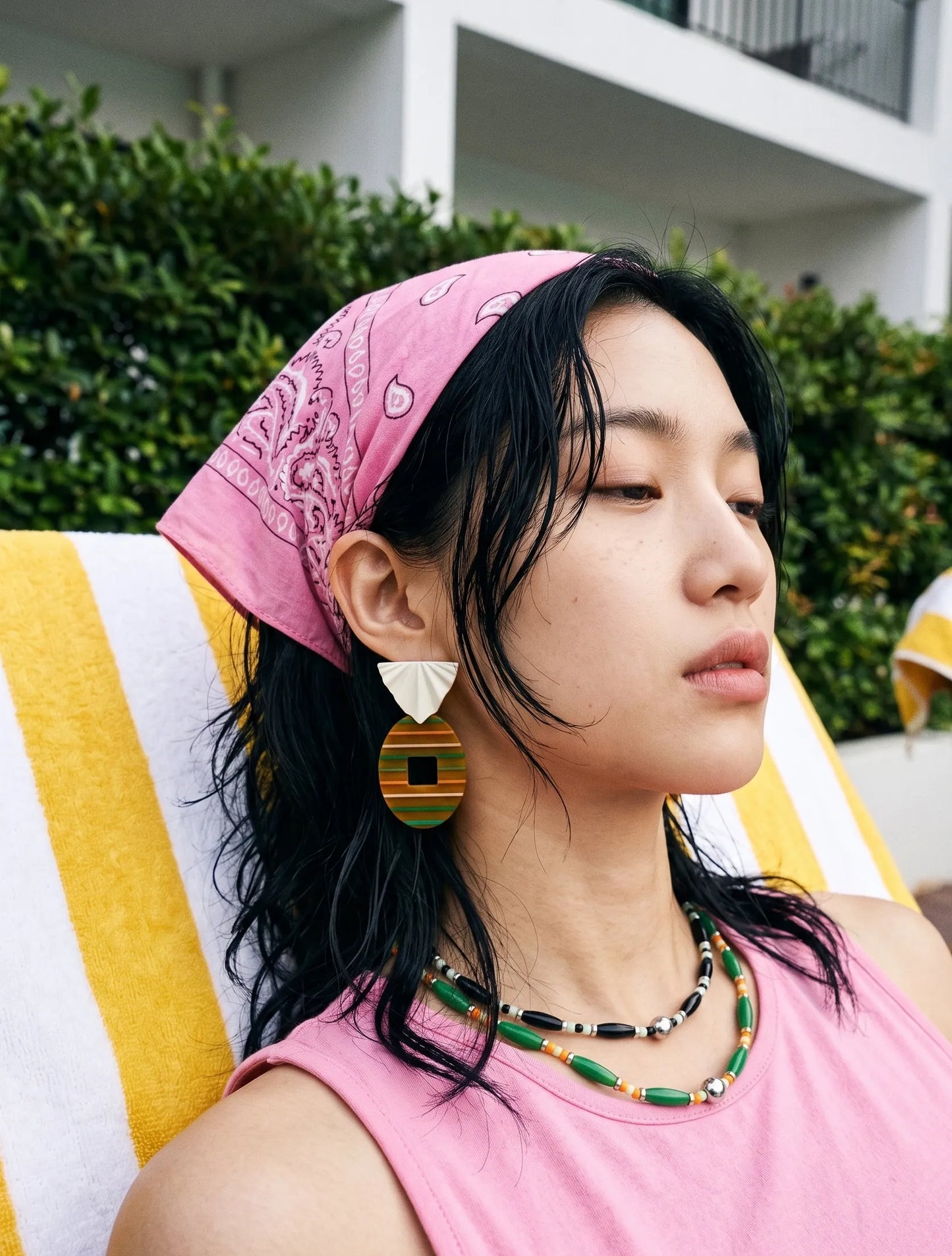 Bandana OOTD vacation aesthetic amber stripe acrylic drop earrings, resort K-style jewelry