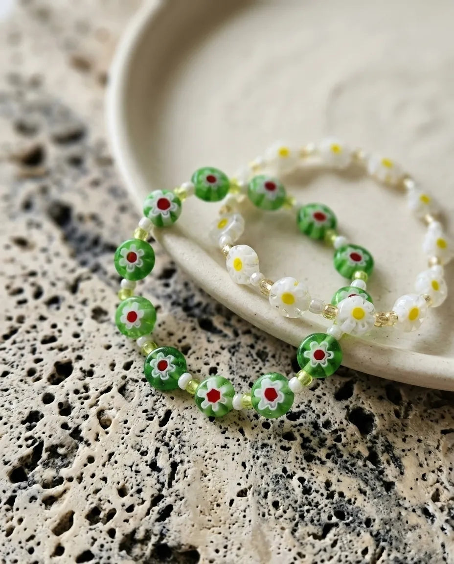 Millefiori Glass Flower Bead Bracelet — K-Handmade, 4 Colors