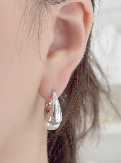 Gold Silver Teardrop Pearl Huggie Earrings - Titanium Post & Lightweight