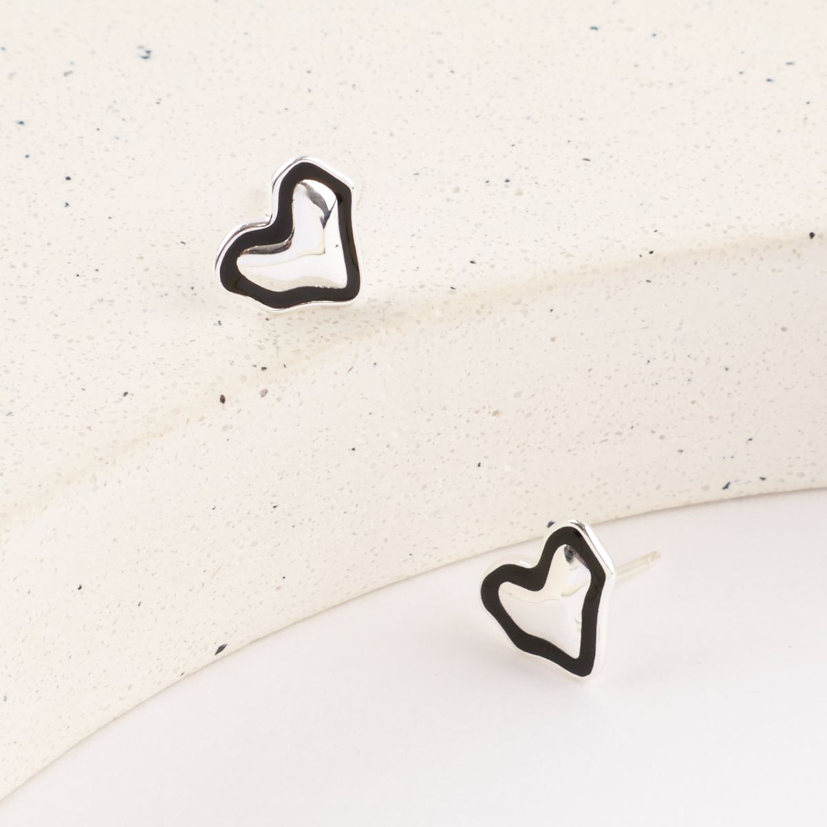 925 Sterling Silver Black Enamel Organic Heart Stud Earrings — Chunky Puff & Open Silhouette