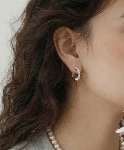 Two-Tone CZ Criss-Cross Huggie Hoop Earrings – 925 Sterling Silver, Gold X Detail