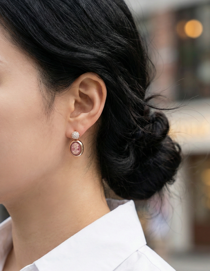 Vintage Cameo Drop Earrings with Pave Crystal Studs - Rose Gold