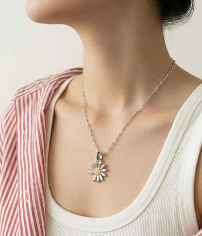 925 Sterling Silver Daisy Pendant Necklace – Green CZ Bail & Yellow Pavé Center
