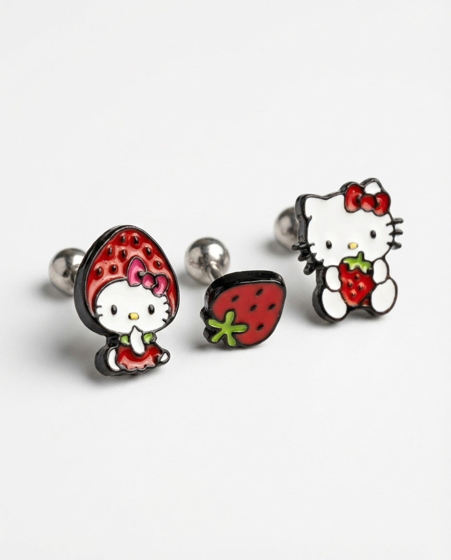 Three Hello Kitty strawberry designs surgical steel barbell studs hugging hood mini