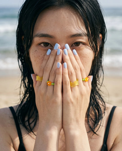 Y2K Chunky Resin Wave Ring & Flower Bead Ring Set