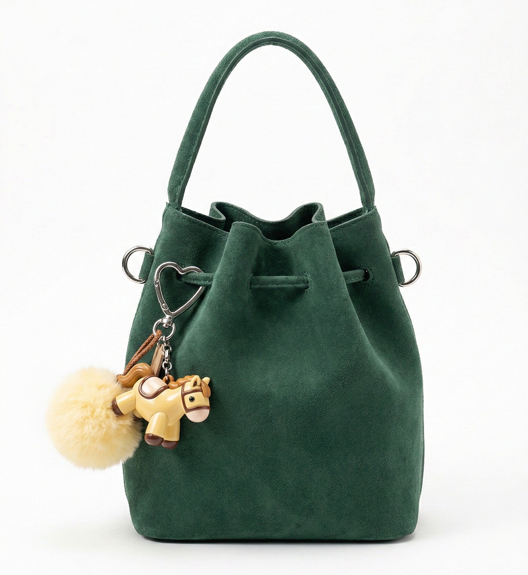  Cream beige pony keychain on green suede bucket bag - color matching styling
