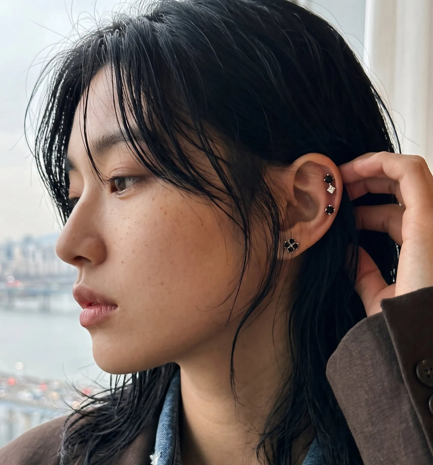 Black Clover Barbell Stud | Brass + Surgical Steel | K-Style Ear Stack (Single)