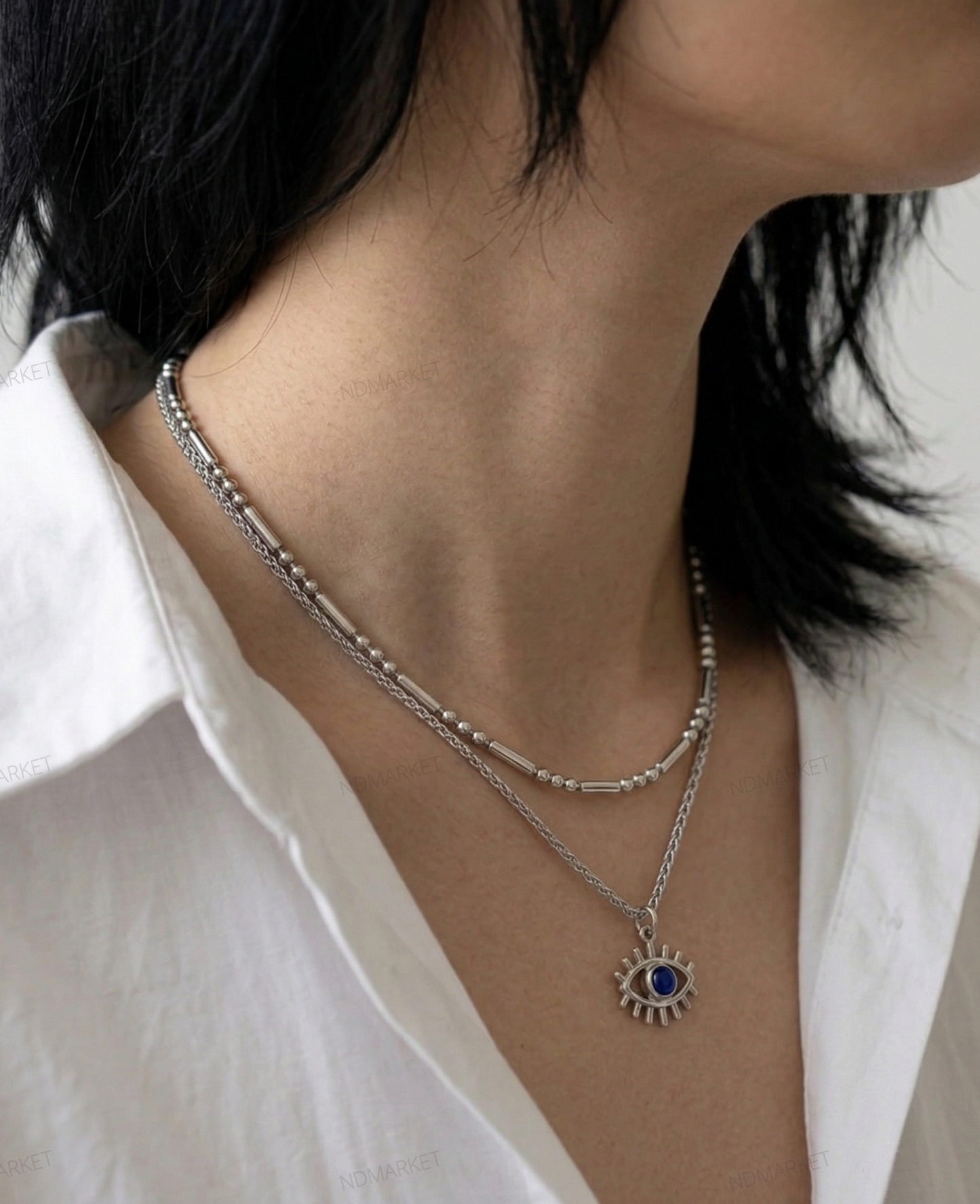 Evil Eye Layered Necklace – Double Chain Sunburst Pendant in Gold & Silver | 8TTITTO8