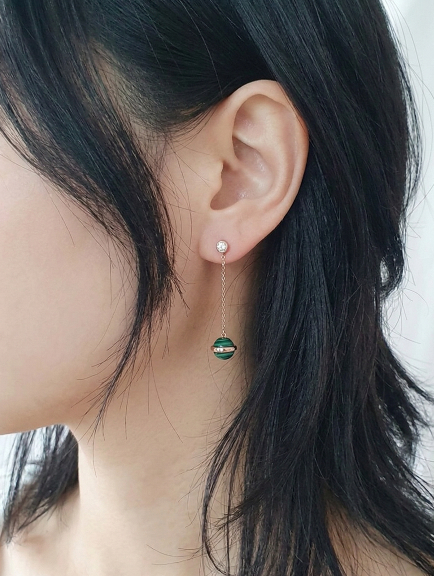 Natural Malachite Drop Earrings — Rose Gold Chain & CZ Stud