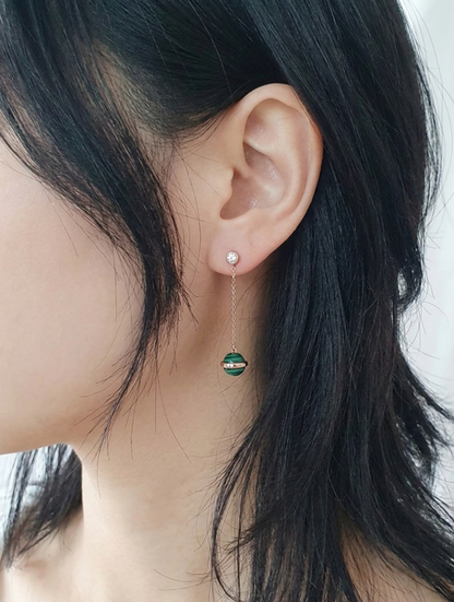 Natural Malachite Drop Earrings — Rose Gold Chain & CZ Stud