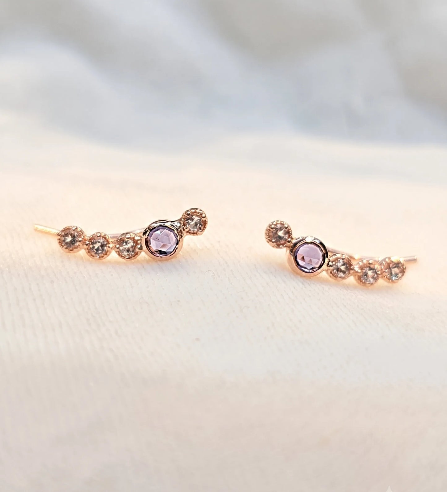 925 Silver Rose Gold Bezel Gemstone Ear Climber Earrings