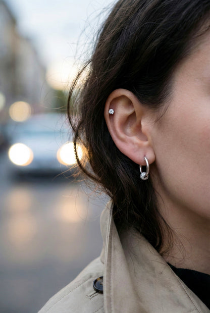 Pave Ball Huggie Hoop Earrings - Titanium Post Gold Silver Plated